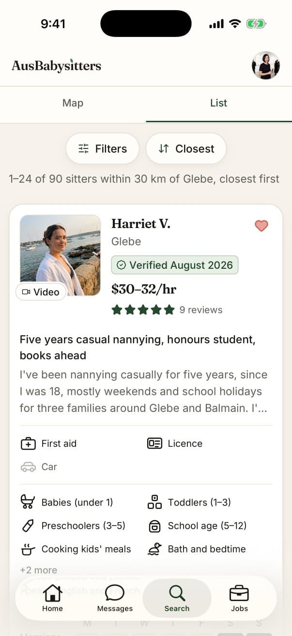 A list of babysitters in the app, each with a photo, an hourly rate, what they offer and when they are free.