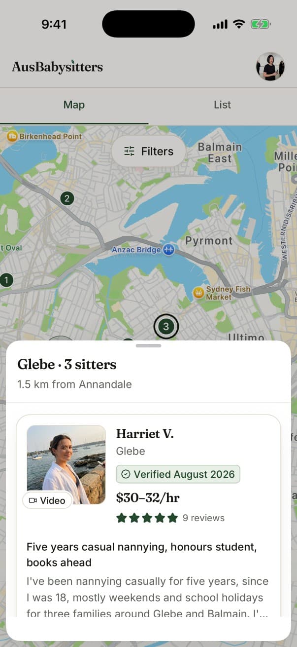 A map in the app with pins for babysitters nearby, and one suburb's babysitters in a sheet pulled half way up.