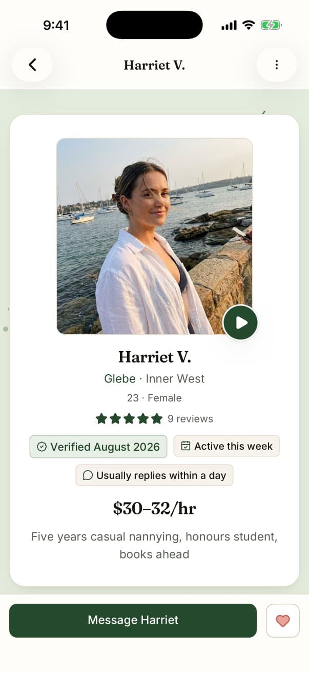 A babysitter's profile in the app, with an intro video, an hourly rate and a button to send a message.